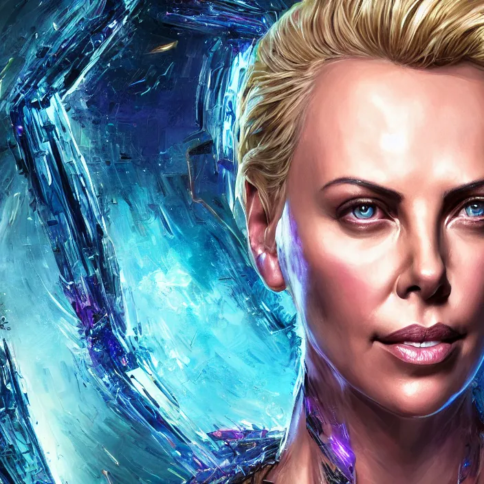 Image similar to portrait of Charlize Theron as a Thanos. intricate abstract. intricate artwork. by Tooth Wu, wlop, beeple, dan mumford. octane render, trending on artstation, greg rutkowski very coherent symmetrical artwork. cinematic, hyper realism, high detail, octane render, 8k, iridescent accents