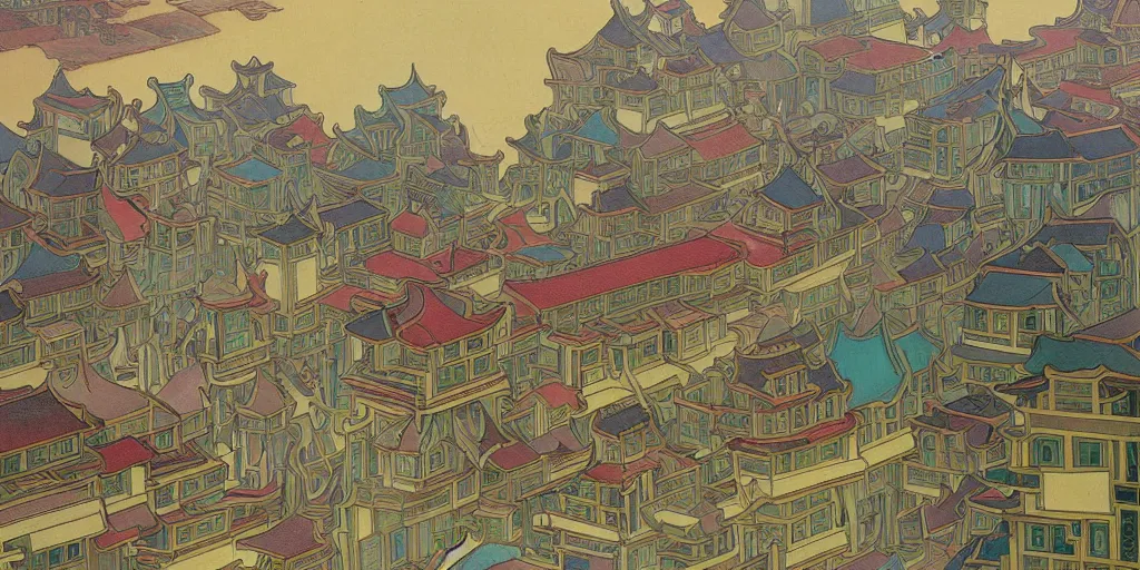 Prompt: a painting of abstract buildings like chinese ancient village houses by alphonse mucha and yves tanguy