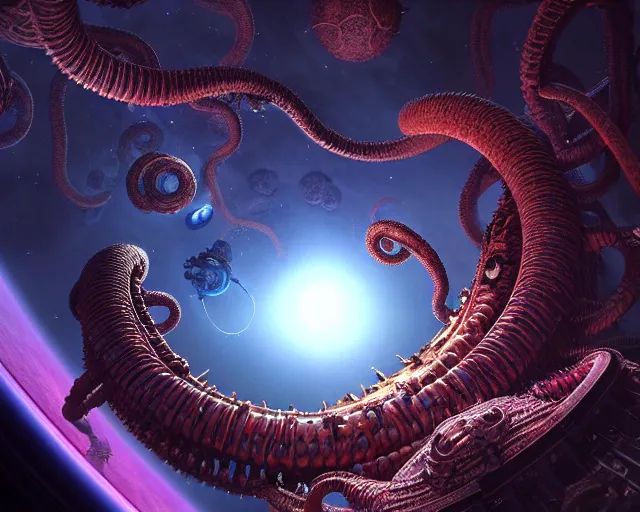 Prompt: a giant cosmic space kraken attacking an orbital space station, hyper realistic, volumetric lighting, intricately detailed, cosmic horror, vibrant colors, Art station, Epic scale, art by Greg Rutkowski, art by Ruth Asawa, art by Ted Nasmith, art by H.R. Giger, Octane render, Unreal Engine 3D, 8k,