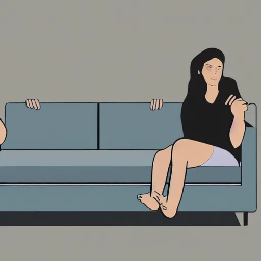 Image similar to a woman clipping her toenails on a grey couch, digital painting, full view, living room, casual