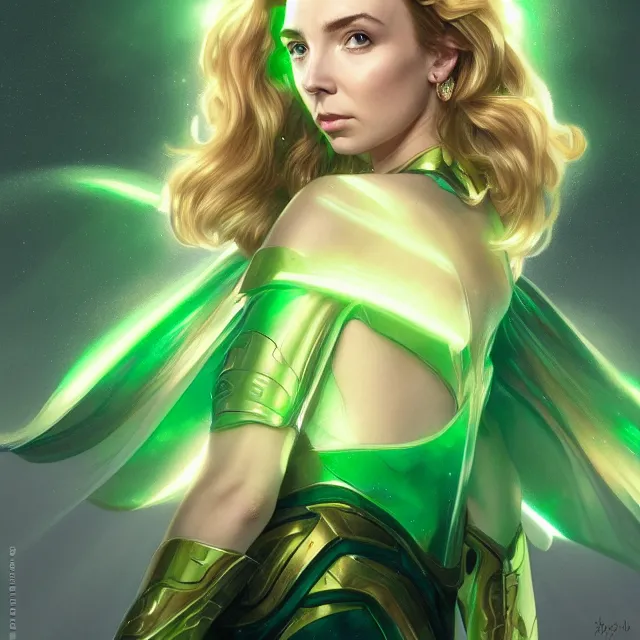 Prompt: close up portrait of jodie comer wearing shiny emerald armor, glowing blonde hair, glowing green eyes, glowing green armor, subsurface scattering, ethereal, artistic, temple background with light rays, fantasy atmosphere. art by artgerm, greg rutkowski and alphonse mucha, 3 d artstation octane render,