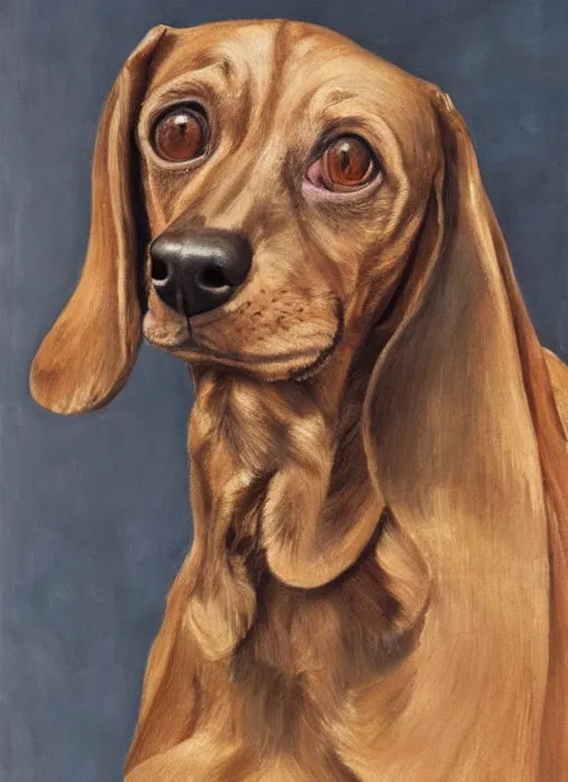 Image similar to Old dachshund, painted by Lucian Freud, very detailed, 8k