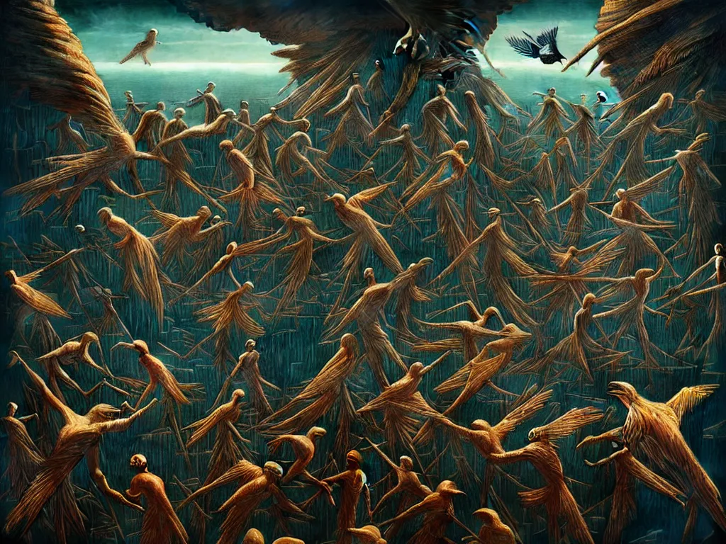 Image similar to highly detailed photo of human birds, trending on deviantart, neo surrealism, sharp focus, a lot of little details, octane, masterpiece, art by max ernst