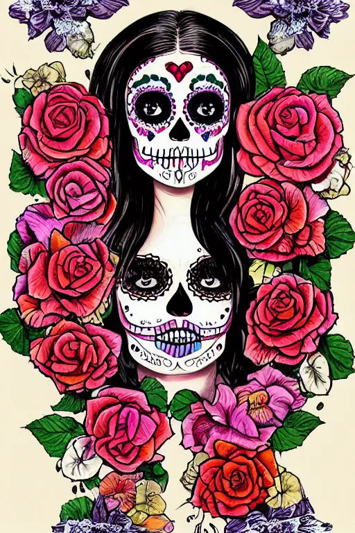 Image similar to Illustration of a sugar skull day of the dead girl, art by gustave baumann