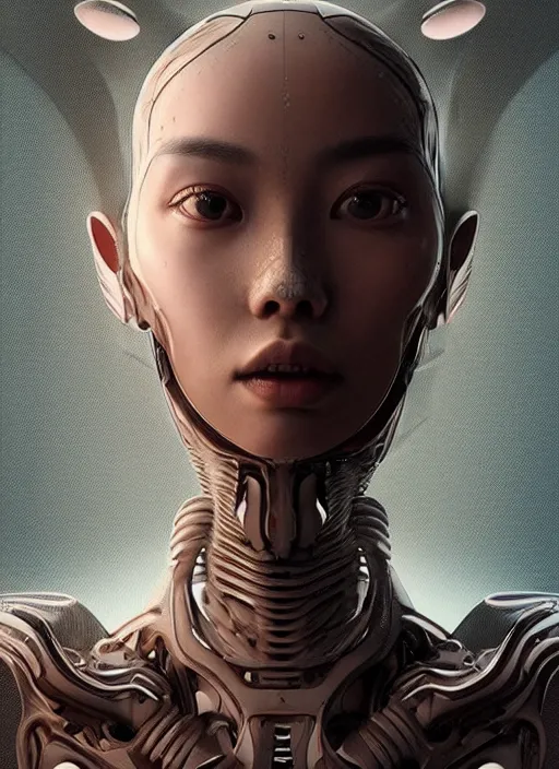 Image similar to beautiful portrait of an alien cyborg, style of Feng Zhu, Artstation geometric, aesthetic, big eyes, smooth skin, angelic, dreamlike, unique features, symmetrical, intricate crown, high fashion, streetwear, cyberpunk, detailed, octane render, cinematic, 8k, brown skin, retro sci fi film, Stanisław Szukalski + Moebius,