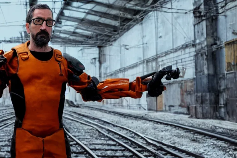 Image similar to vfx movie closeup real life gordon freeman holding wearing futuristic armor, half life logo on chest, crowbar in russian train yard by emmanuel lubezki