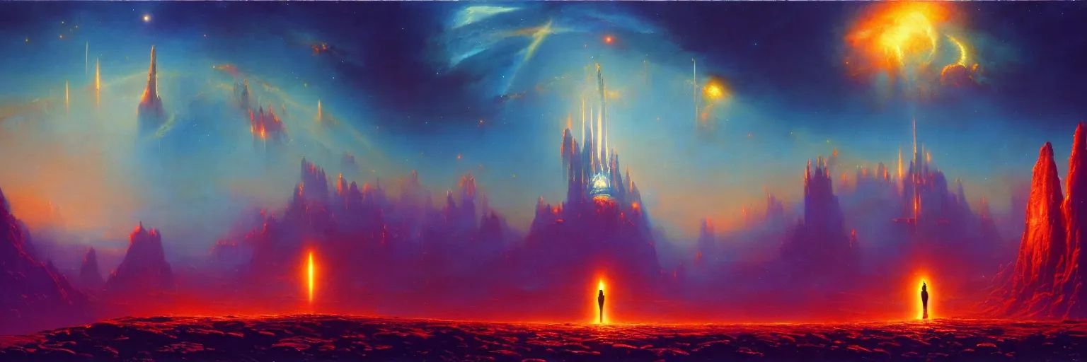 Prompt: the epic colossal journey of a hero, by Bruce Pennington, by Paul Lehr, masterpiece, oil on canvas, trending on artstation, top on pixiv, cinematic composition, dramatic scene, beautiful lighting, sharp, high details, astrophotography, no frames, 8K