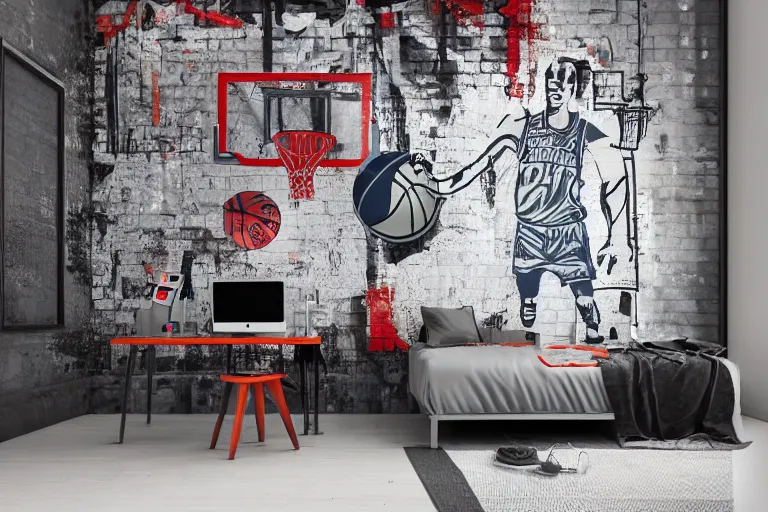 Image similar to teenager bedroom in industrial style, street art basketball decorated wall, futuristic ambiance, gamer screen on metallic desk, cyber, intricate, very detailed, soft lighting, 8 k hd