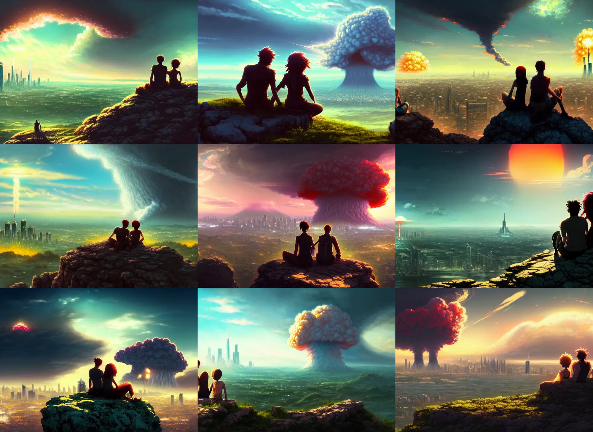 Prompt: a couple sitting on top of a rock covered floral serene hillside watching a nuclear explosion in a distant city with skyscrapers, a detailed matte painting, apocalyptic sky, sharp focus, anime asthetic, cgsociety, fantasy art, cinematic, artstation hq, vfxfriday, dystopian art