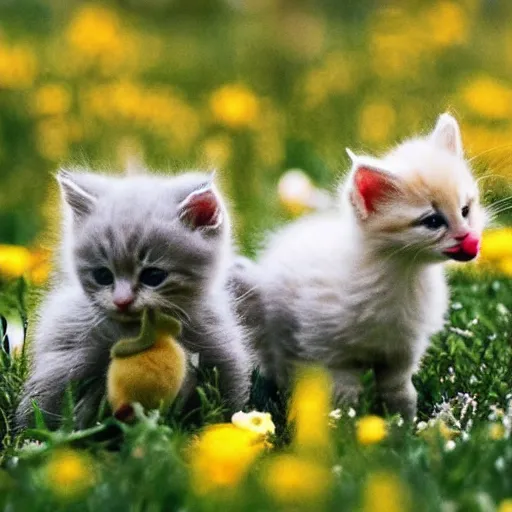 Image similar to photo of cute fluffy baby kittens chasing a cute yellow baby duck in a field of flowers, award - winning photograph, national geographic, perfect lighting