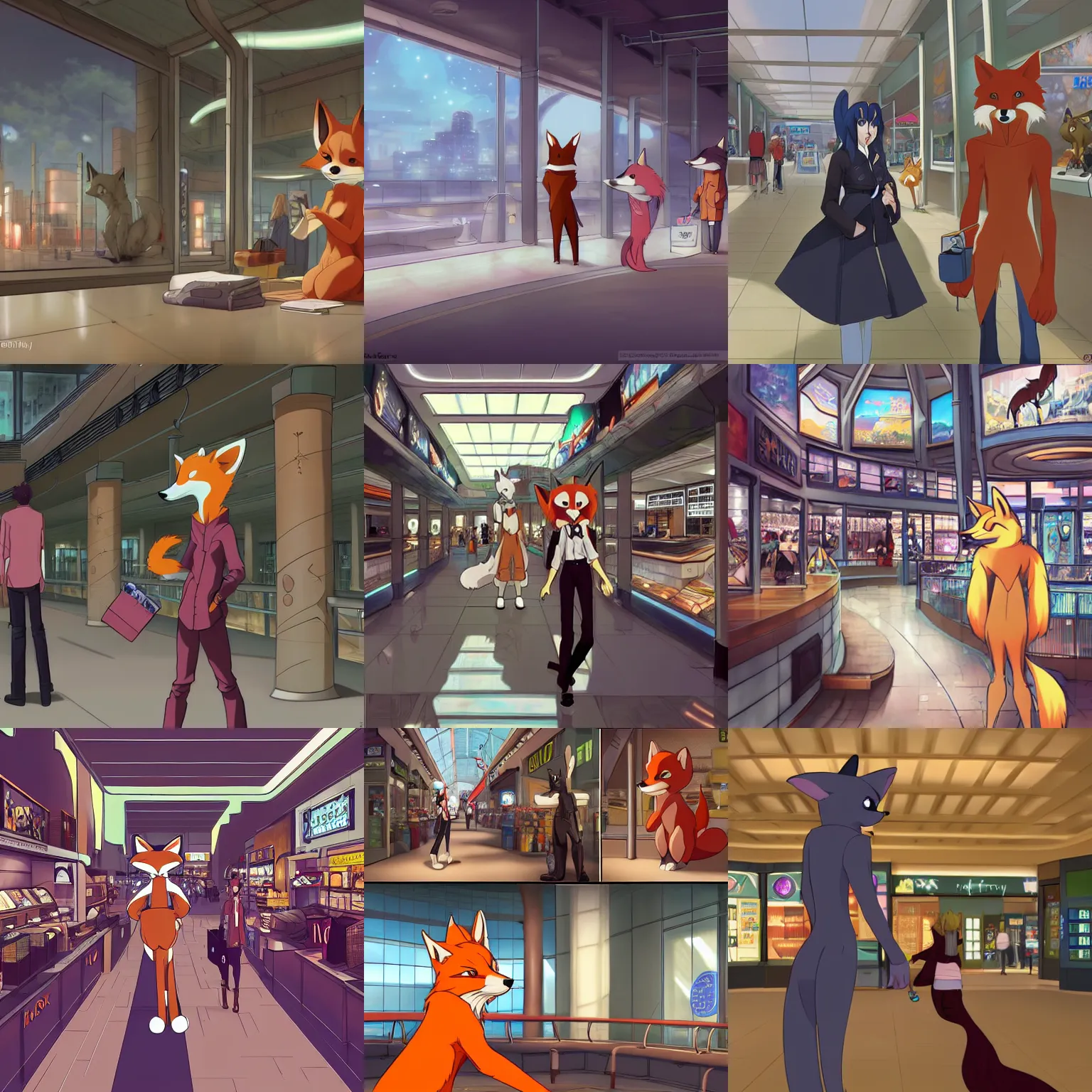 Prompt: an anthropomorphic furry fox shopping at a futuristic mall, photorealistic, anime, makoto shinkai, james gurney, don bluth!!!, hibbary, dark natasha, goldenwolf, furaffinity