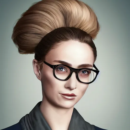 Image similar to a severe french woman with blonde hair tied in a strict bun, spectacles, lots of makeup, rich, character portrait, digital art, high quality, 8 k, detailed, d & d character,