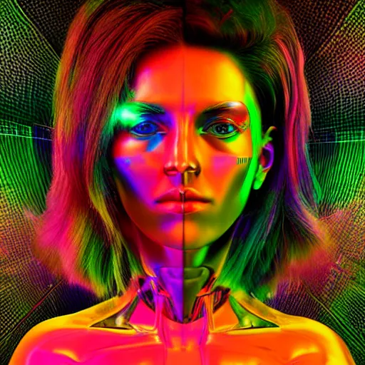 Prompt: chromatic 3d ultra realistic cyborg woman in psychedellic mirror environment digital art in synthwave style