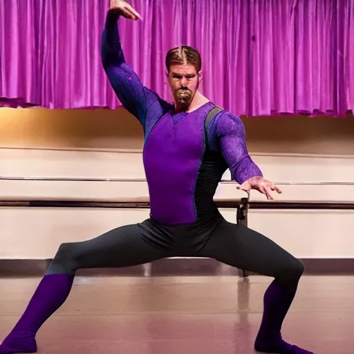 Image similar to thanos from marvel dances ballet and wears a pink tutu