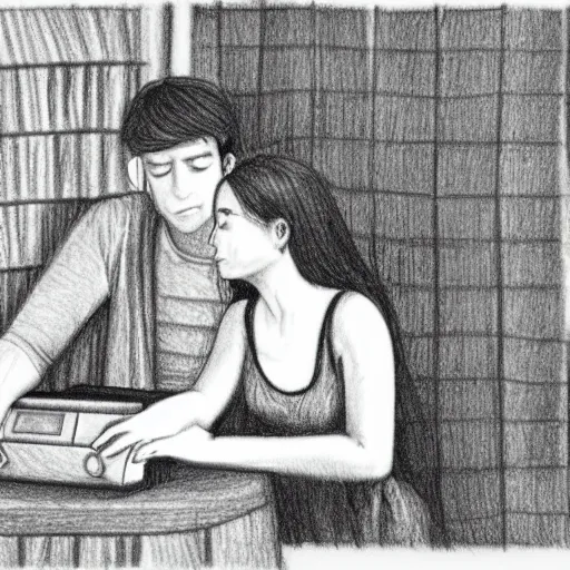 Prompt: a pencil drawing of a girl and her boyfriend listening to a cassette player, nostalgic, sad