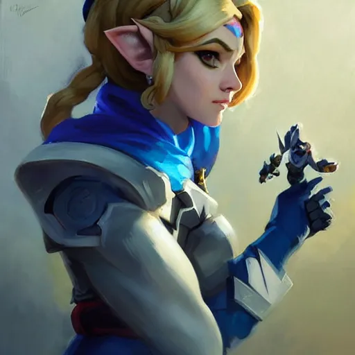 Image similar to greg manchess portrait painting of zelda as overwatch character, medium shot, asymmetrical, profile picture, organic painting, sunny day, matte painting, bold shapes, hard edges, street art, trending on artstation, by huang guangjian and gil elvgren and sachin teng