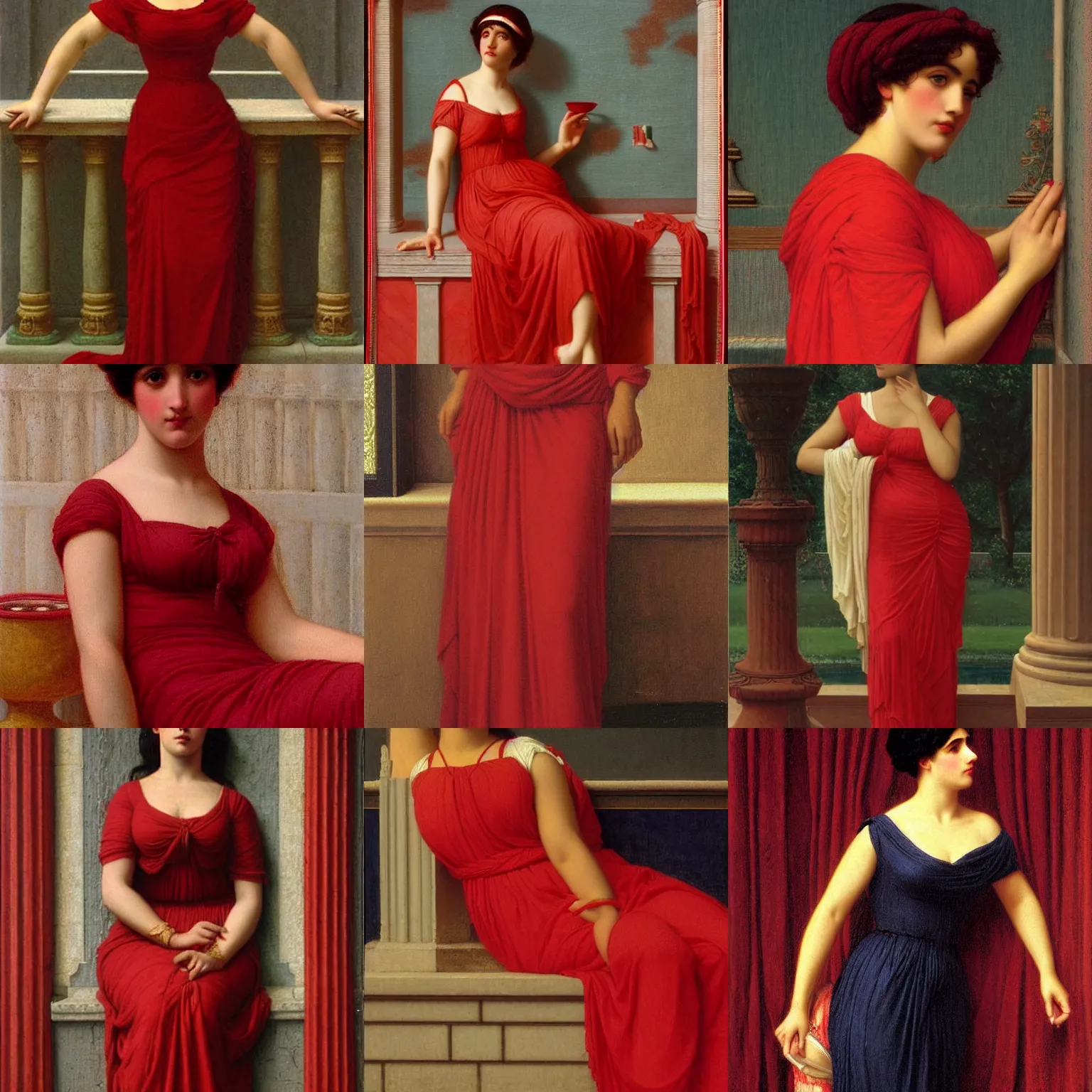 Prompt: in a red dress by john william godward