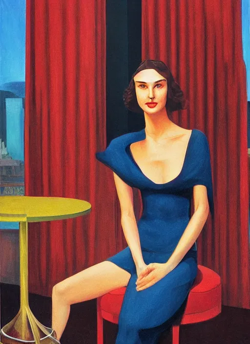 Prompt: Gal Gadot wearing round glasses and tall red cylinder hat sitting at an empty art deco bar painting by Edward Hopper and James Gilleard, Zdzislaw Beksinski highly detailed