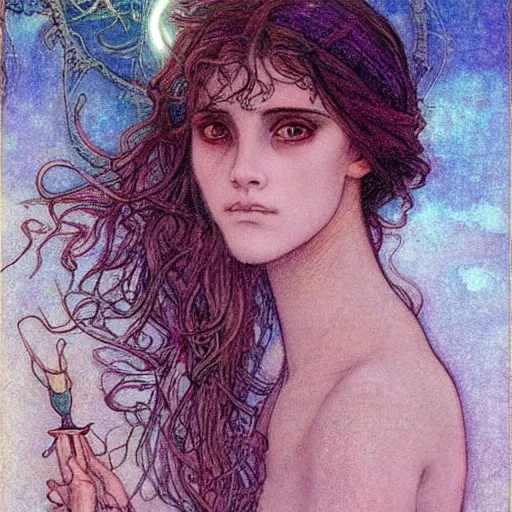 Image similar to Hermione in tattoos Extreamly beautiful Eyes Hypnotic Eyes Emotional Eyes by luis royo and Annie Swynnerton and Nicholas Roerich and jean delville glowing paper lanterns strong dramat