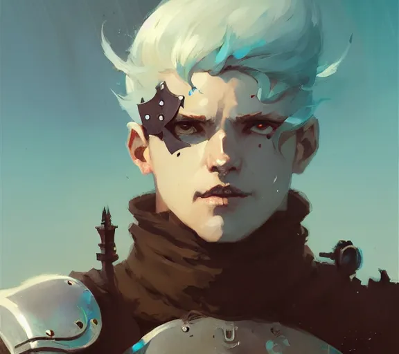 Image similar to portrait of a knight, fantasy, by atey ghailan, by greg rutkowski, by greg tocchini, by james gilleard, by joe fenton, by kaethe butcher, by ashley wood, dynamic lighting, gradient light blue, brown, blonde cream and white color scheme, grunge aesthetic