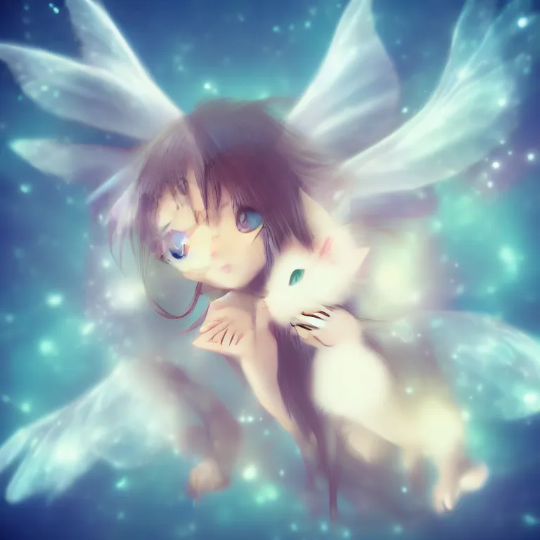 Image similar to cute, full body, female, anime style, a cat girl with fairy wings, large eyes, beautiful lighting, sharp focus, simple background, creative, heart effects, filters applied, illustration