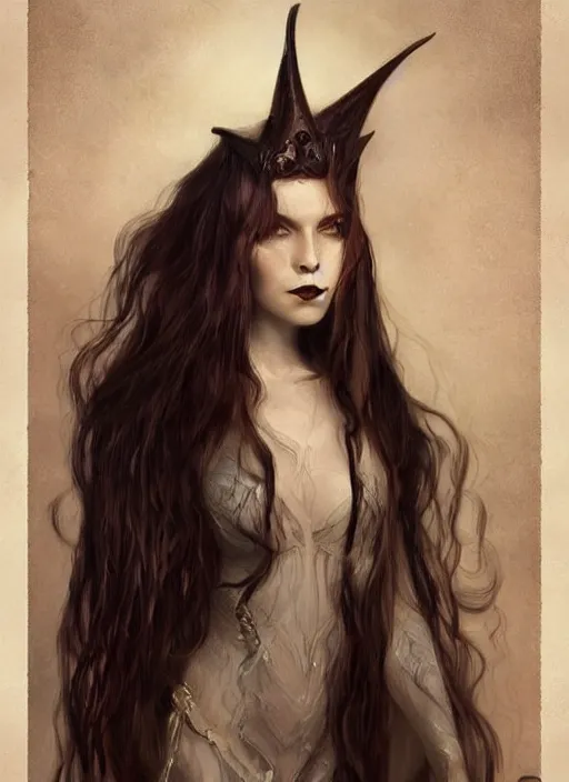 Prompt: tarot!!, pale, beautiful witch with long hair, fantasy medieval, no noise, elegant, concept art, sharp focus, beautiful face!!, digital art, smooth defined outlines!!, by Brom, trending on Artstation, Tom Bagshaw, Sargent