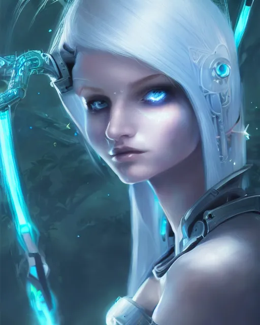 Prompt: holy cyborg necromancer girl, elegant, perfect face, scifi, futuristic, utopia, garden, illustration, atmosphere, top lighting, blue eyes, white hair, focused, artstation, highly detailed, art by yuhong ding and chengwei pan and serafleur and ina wong