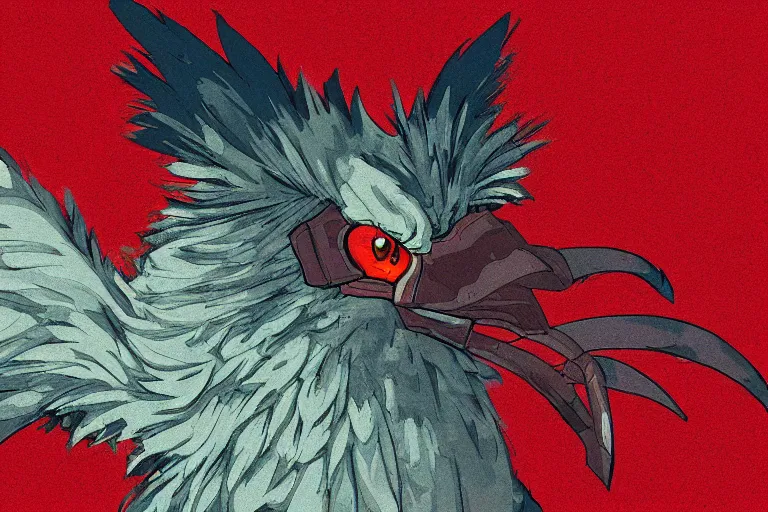 Prompt: digital painting of a heavily armoured mechanical angry rooster by studio ghibli, cinematic lighting, ominous, livid colors