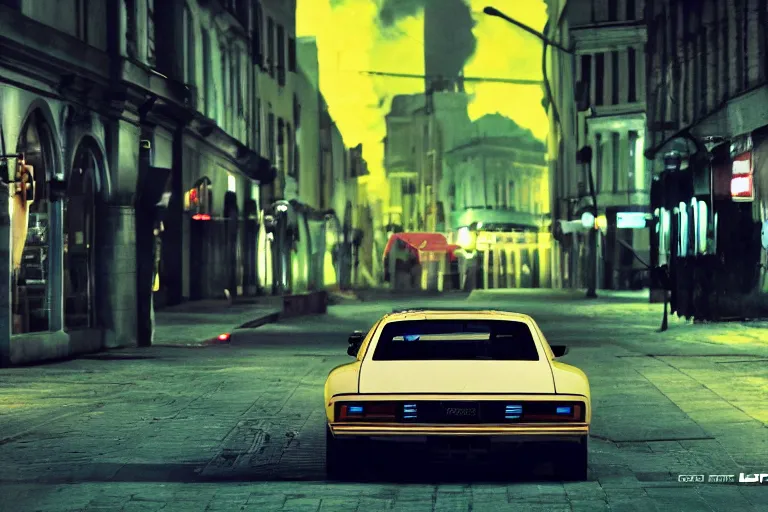 Image similar to widebody audi camaro b 1 ( 1 9 6 9 ), need for speed : carbon, at night, mild sci - fi, neon lines, lviv historic centre, phonk music background, smoke behind wheels, noise, dark, establishing shot, by simon stalenhag