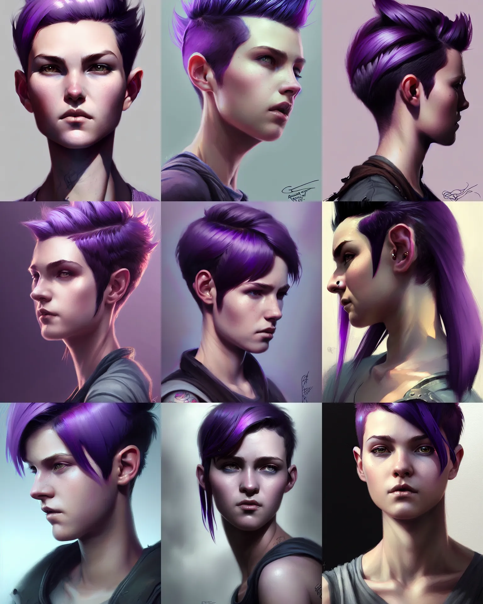 Prompt: Portrait of rugged young adult female, fantasy, pixie undercut hairstyle, black to purple fade hairstyle, intricate, highly detailed, digital painting, artstation, concept art, sharp focus, illustration, art by greg rutkowski and ross draws