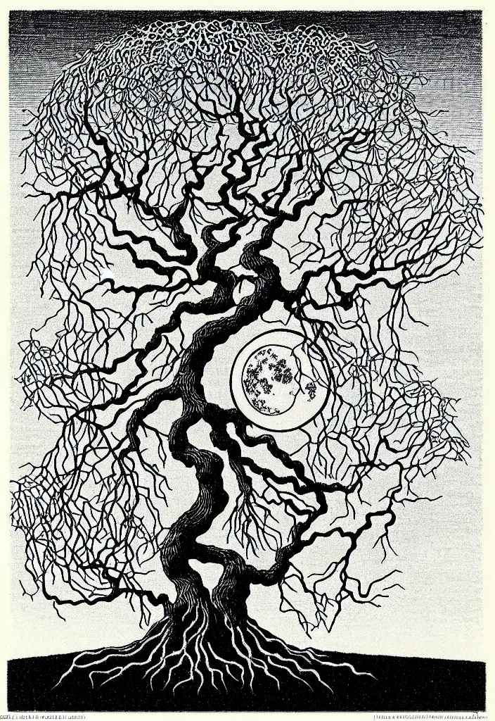 Prompt: prompt: magical white skeleton Bonsai tree roots merging into big moon drawn by Rene Magritte, Japanese woodblock print style, clean ink detailed line drawing, intricate detail, manga 1990