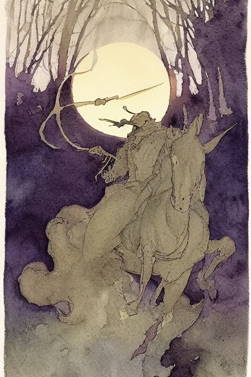 Image similar to a simple and atmospheric watercolour portrait of a the headless horseman on halloween, very muted colors, by rebecca guay, michael kaluta, charles vess and jean moebius giraud