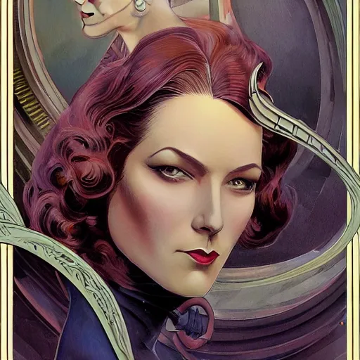 Image similar to a streamline moderne, art nouveau, ( ( dieselpunk ) ) portrait in the style of charlie bowater, and in the style of donato giancola, and in the style of charles dulac. symmetry, ultrasharp focus, dramatic lighting, semirealism, intricate symmetrical ultrafine background detail.