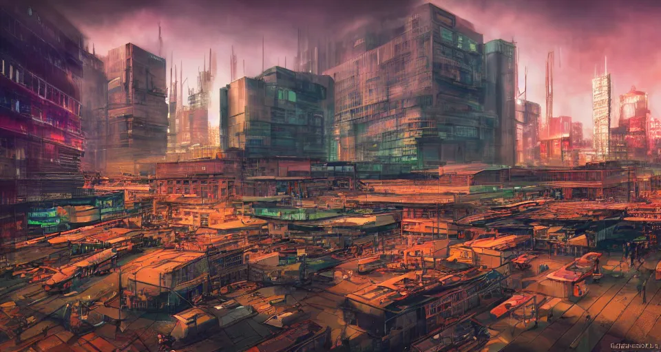 Prompt: cyberpunk tallinn stockmann epic, moody, realistic, neon palette, golden afternoon, cyberpunk, scenic jungle mountains in the background