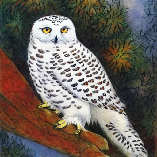 Image similar to snowy owl crossed with a snow leopard to make a gryphon, Louis William Wain watercolor,
