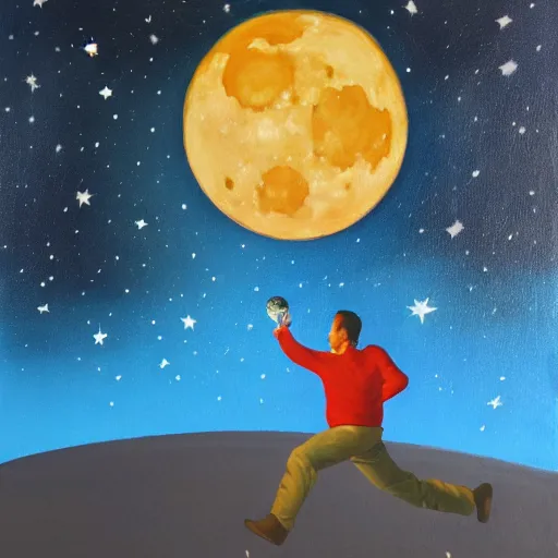 Prompt: Man eating the moon. Award winning painting. Artistic. 4K