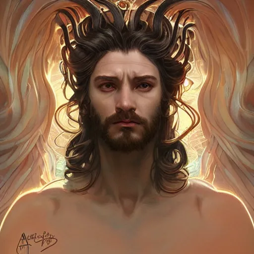 Prompt: male medusa, highly detailed, digital painting, cute face, artstation, concept art, smooth, sharp focus, illustration, art by artgerm and greg rutkowski and alphonse mucha