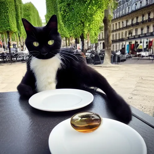 Prompt: a black cat dining at a table in paris france