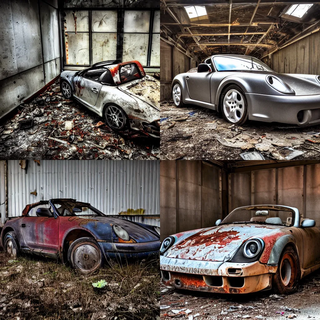 Prompt: photo of an abandoned, dirty, rusty, grimy Porsche Boxter concept car in an old shed, ultra wide angle lens, photorealistic