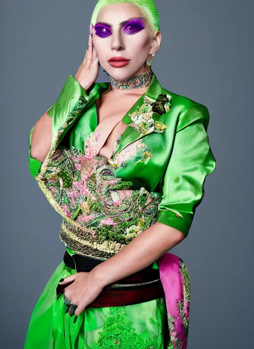 Image similar to portrait of lady gaga wearing green kebaya with pink silk belt and batik skirt, by charlotte grimm, natural light, detailed face, beautiful features, symmetrical, canon eos c 3 0 0, ƒ 1. 8, 3 5 mm, 8 k, medium - format print, half body shot