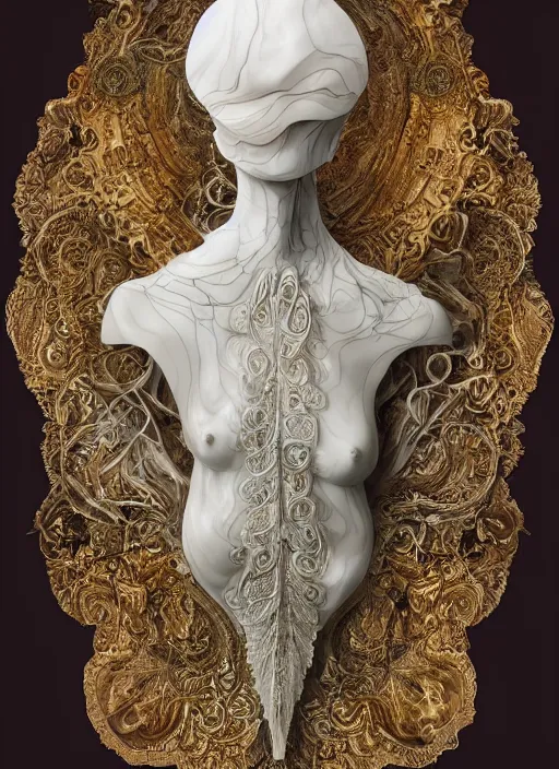 Image similar to marble sculpture of many beautiful woman, oil slick, palladium veins, dripping, mandelbulb, oil, melting, hypercube, ivory carving, fractal paisley inlay, lace, intricate, elegant, highly detailed, gold inlay, metallic, ivory, artgerm, lace, by ruan jia, greg rutkowski, mucha, zbrush, nick alm