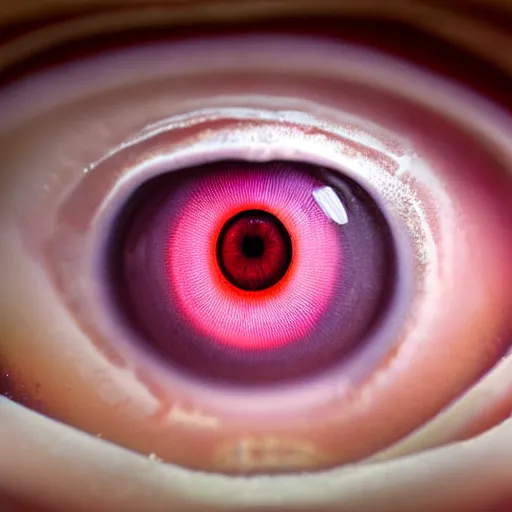 Image similar to a close up of a pink animal's eye, a macro photograph by Otto Pilny, featured on zbrush central, pop surrealism, macro photography, macro lens, trypophobia