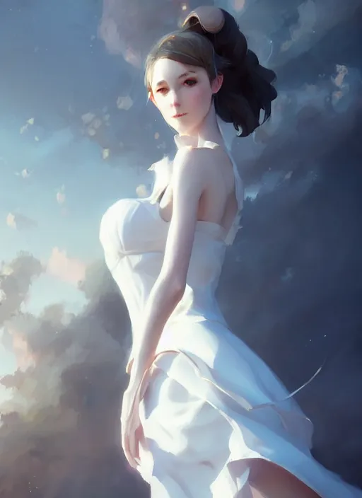 Image similar to a girl with elegant white dress, digital art by krenz cushart, laurie greasly, wlop, artgerm, intricate, ( highly detailed figure ), sharp focus, smooth, epic composition, joyful, unreal engine