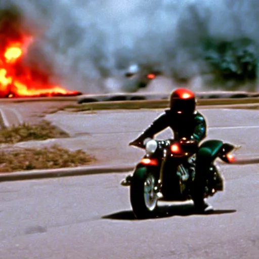 Image similar to film still from the 1995 movie 'Escape from Nerd Land'. Exciting action scene of a motorcycle and explosions. Sigma 85mm f/2.4