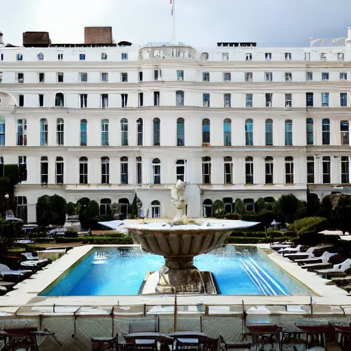 Image similar to a white grand hotel, with a hundred of windows, and a fountain at the yard of the hotel, satellite view photo