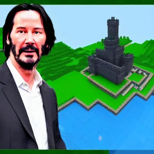 Prompt: Keanu Reeves in style of Minecraft plays Minecraft, screenshot from Minecraft