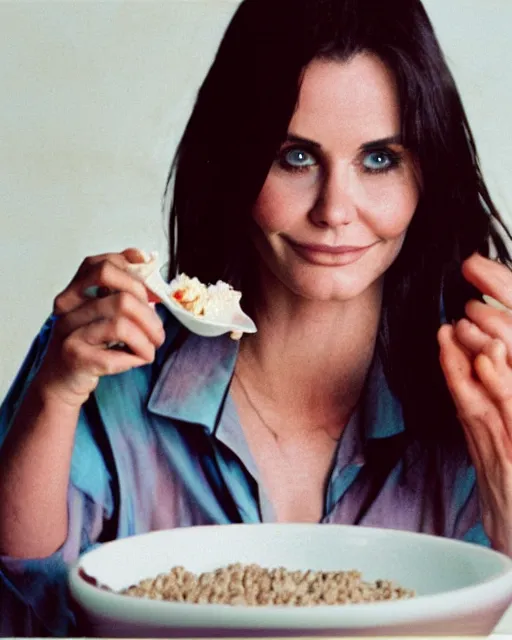 Prompt: 2 0 years old plump courtney cox eating cereal in her boyfriend's shirt, redshift, colour shift, wide shot, coloured polaroid photograph, pastel, kodak film, hyper real, stunning moody cinematography