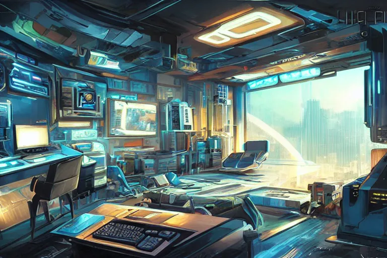 Image similar to stunning concept illustration of a retrofuturism cyberpunk bedroom full of computers, by ron cobb, hd, 4 k