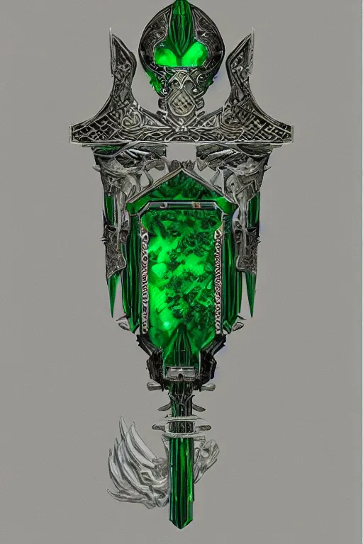 Prompt: an ancient white bone and emerald gemstone relic, intricate engraving, concept art style