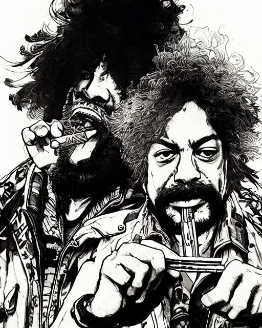 Prompt: portrait of cheech and chong smoking blunts, concept art, sumi - e style, intricate linework, artstation, trending, highly detailed, smooth, focus, art by yoji shinkawa,